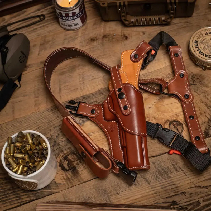 Leather Kodiak chest holster built for a Glock 40 long-slide 10mm