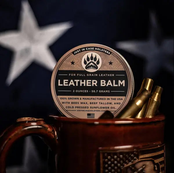 American-made leather balm for conditioning a leather holster
