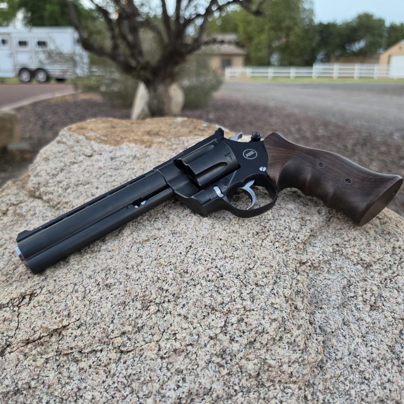 Korth Mongoose .44 Magnum with a 6 inch barrel, resting on a granite boulder in the Arizona desert