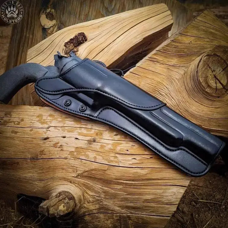 Black leather Outdoorsman crossdraw chest holster for a Magnum Research BFR .45-70 with 7.5-inch barrel
