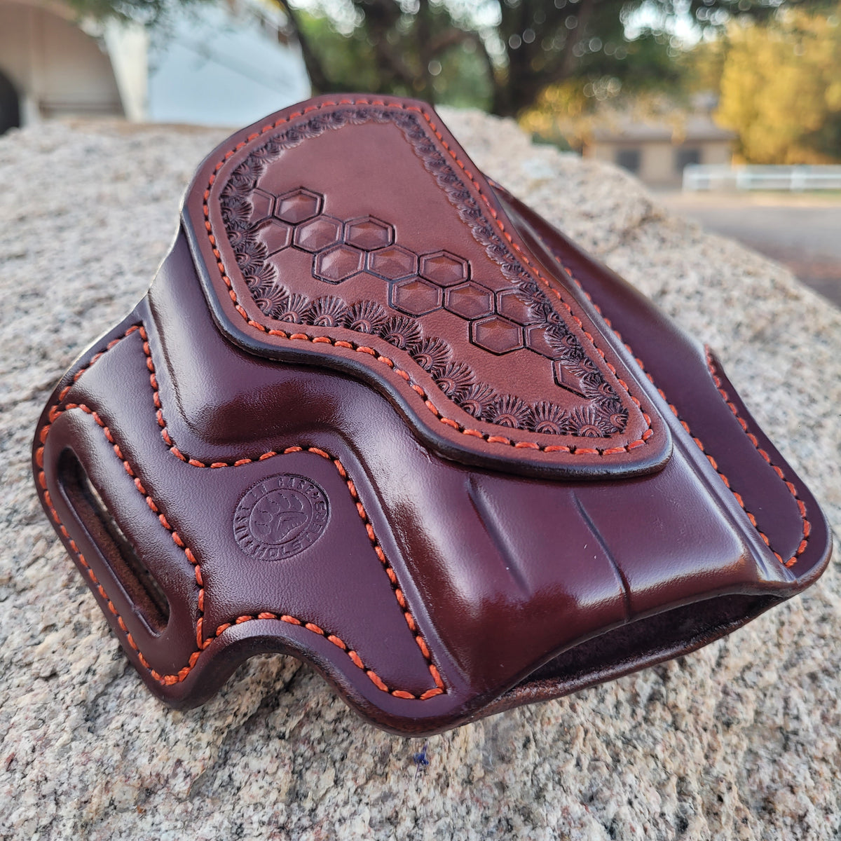 Sig P320 Compact/Carry CLassic Holster Mah/Brn Burnt Orange Stitching Partial Hex stamp