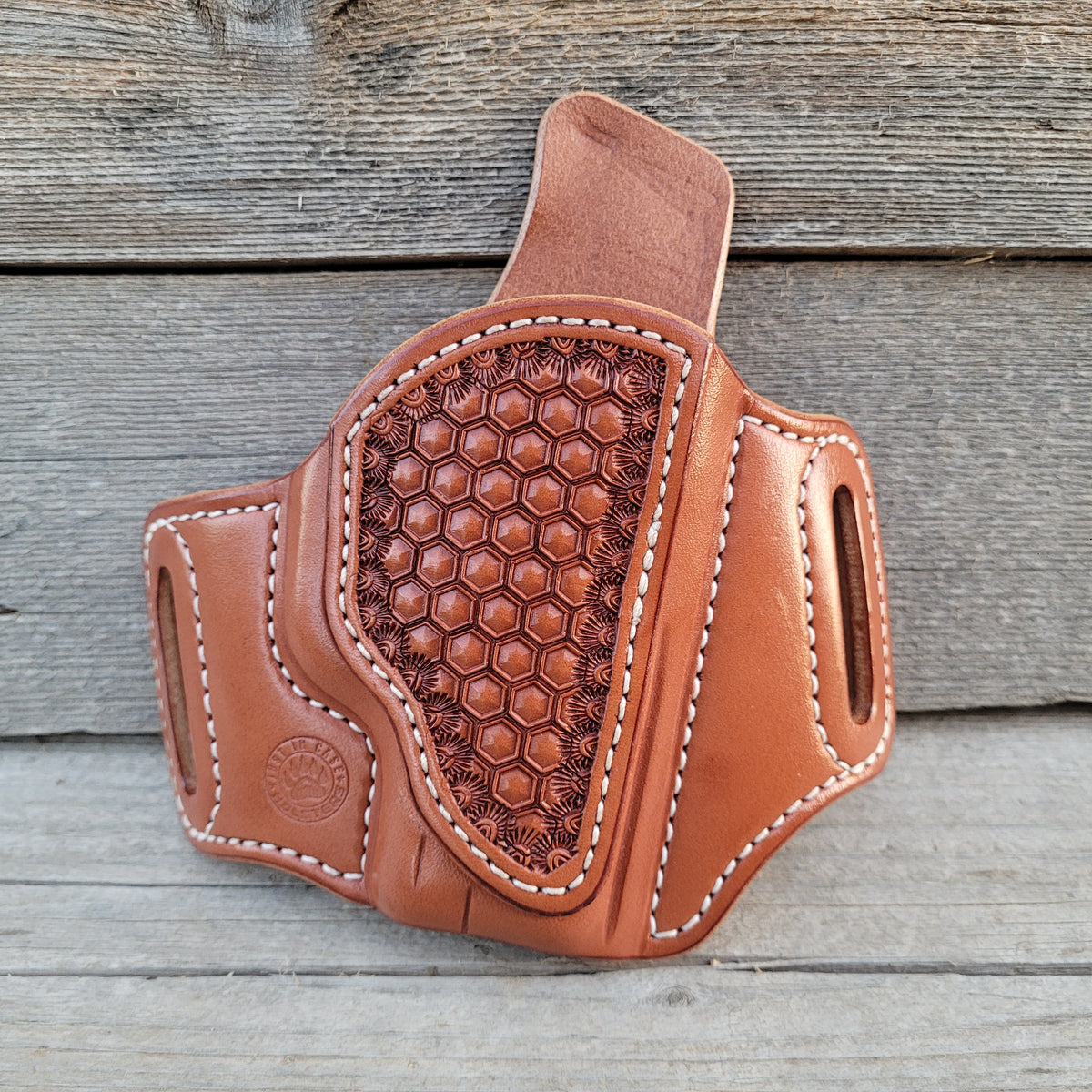 Sig P365 Classic Holster All Chestnut White Stitching Hex Stamp