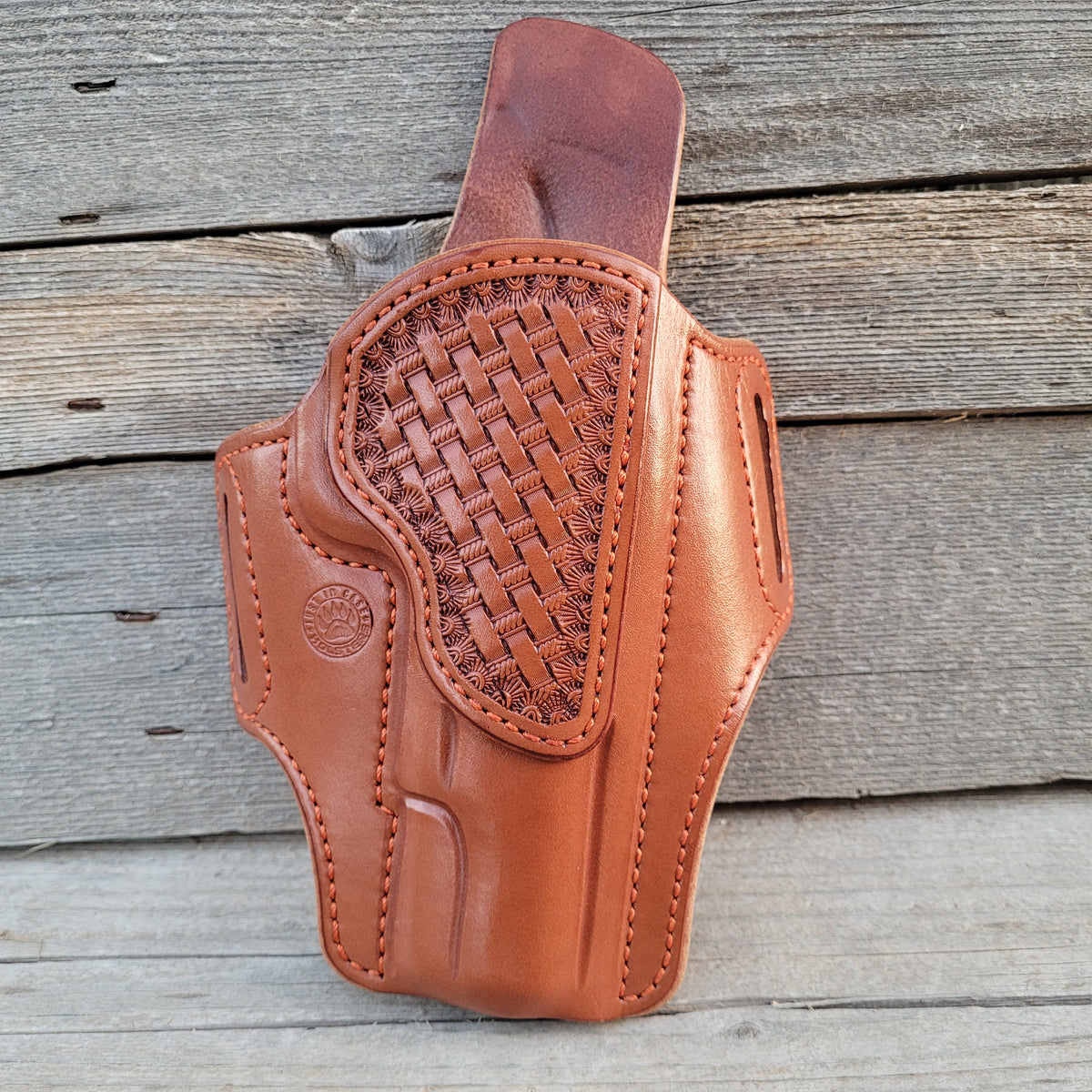 5" 1911 Classic Holster All Chestnut Burnt Orange STitching and basket stamp
