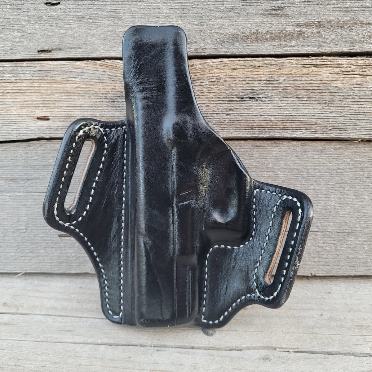 Glock 19/23 Classic Holster All Black White Stitching and Partial Hex stamp