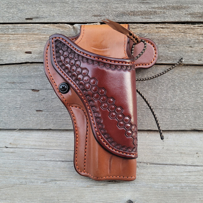 Ruger SBH Outdoorsman Holster In Brn/Mah Burnt Orange stitching Partial Hex Stamp