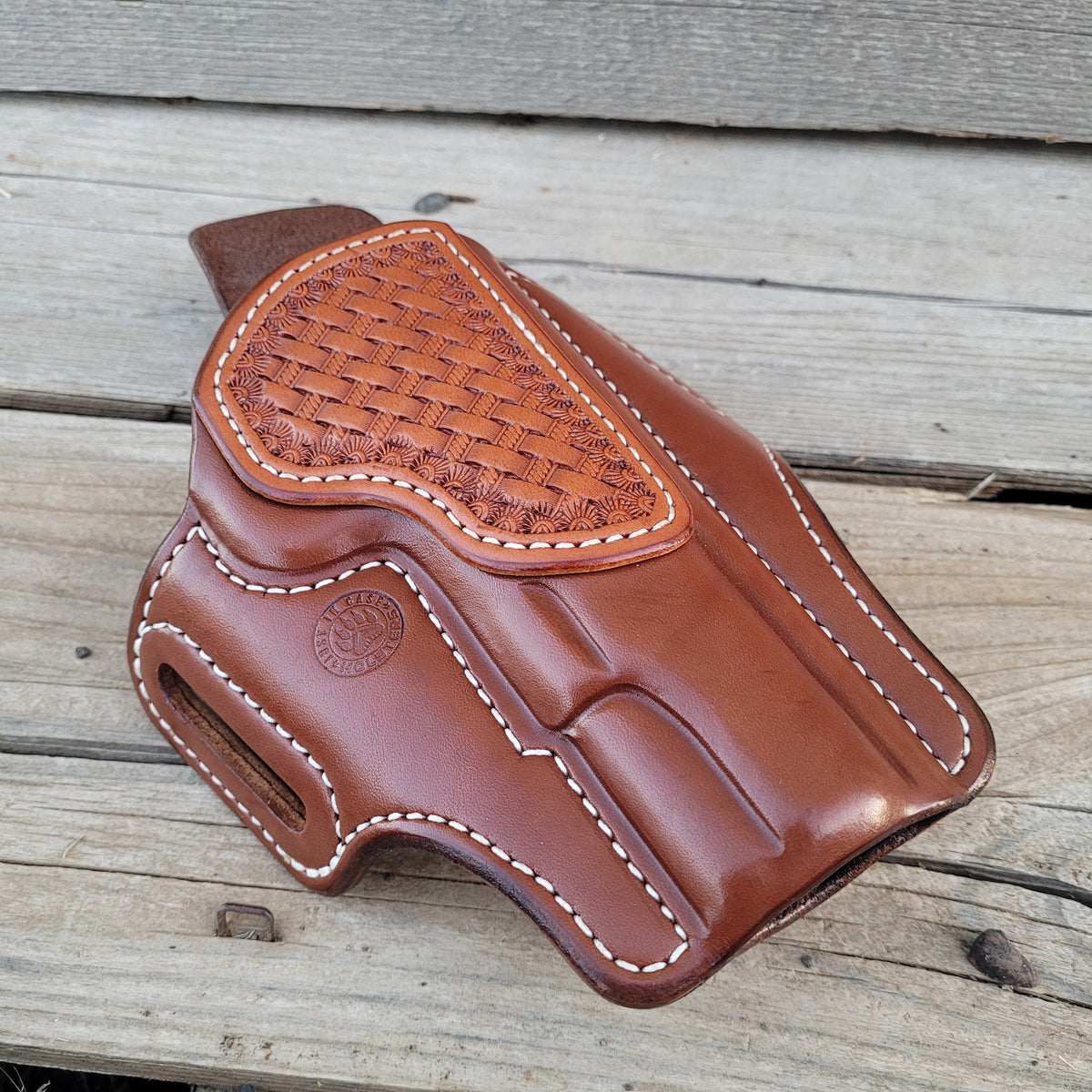 5" 1911 Classic Holster Brown/Chestnut white stitching with basket stamp