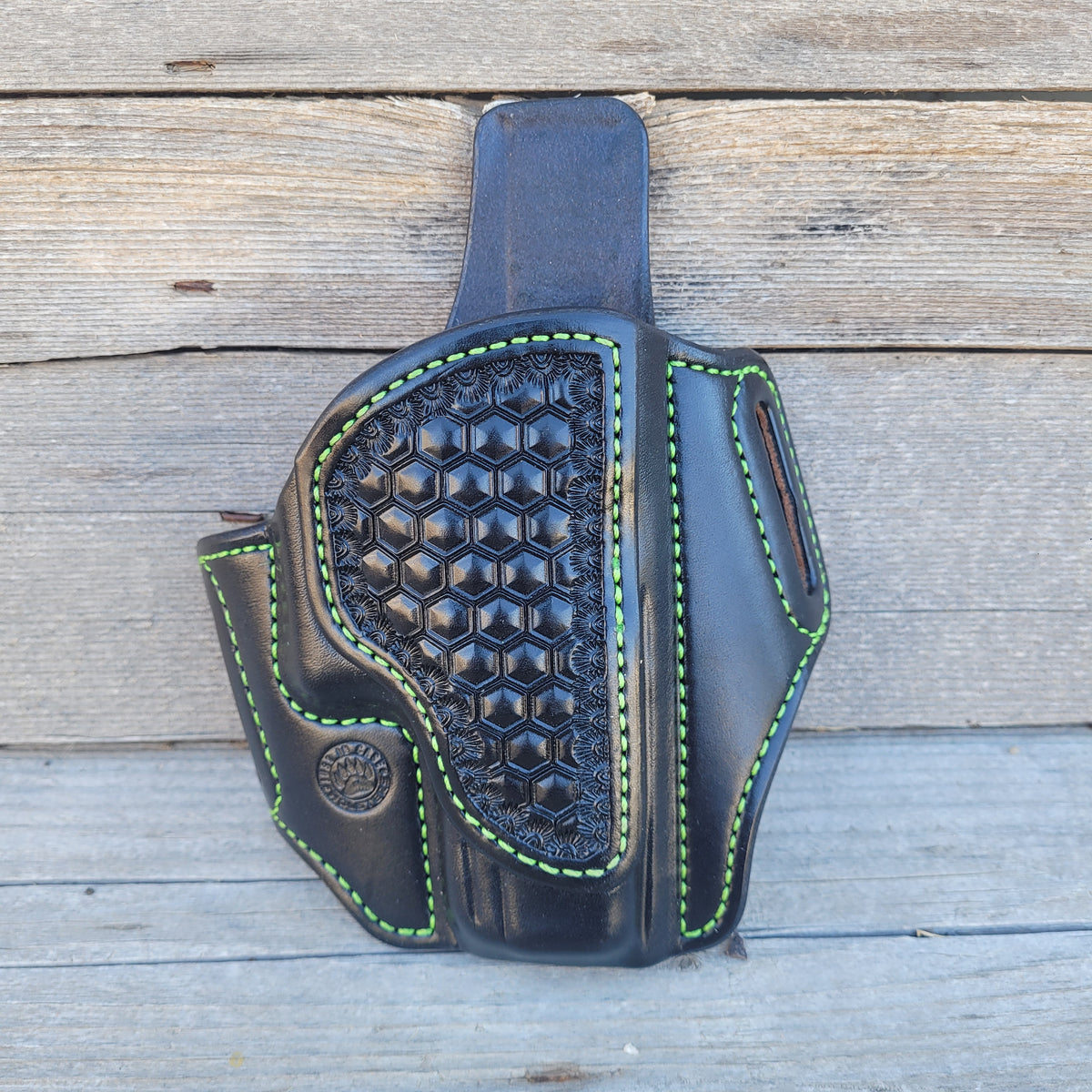 Glock 19/23 Classic Holster All Black, Zombie Green Stitching, Partial Hex Stamp