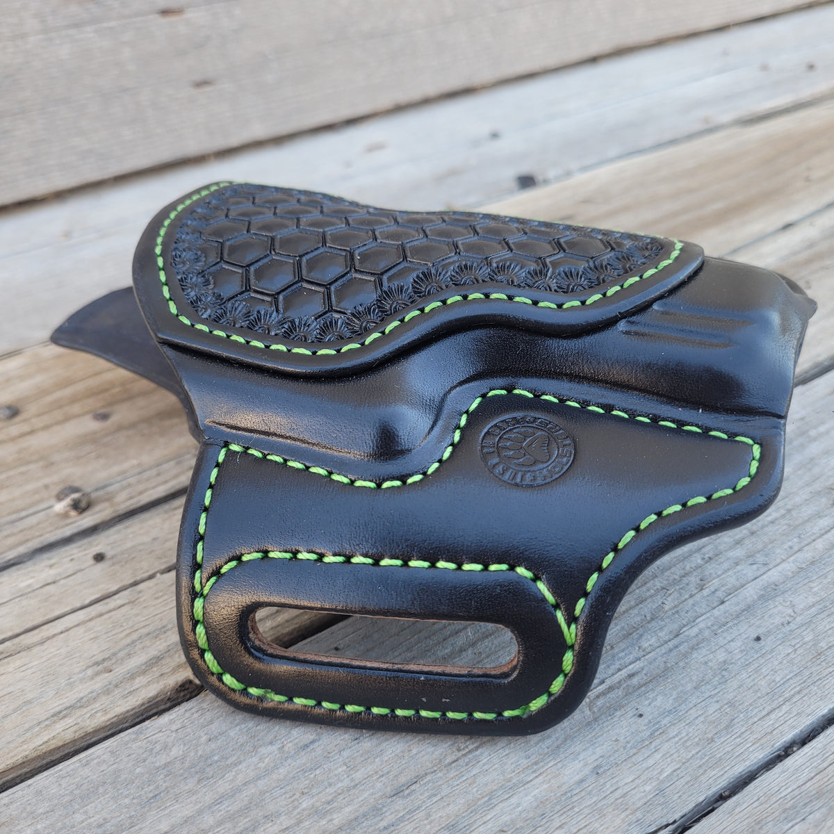 Glock 19/23 Classic Holster All Black, Zombie Green Stitching, Partial Hex Stamp