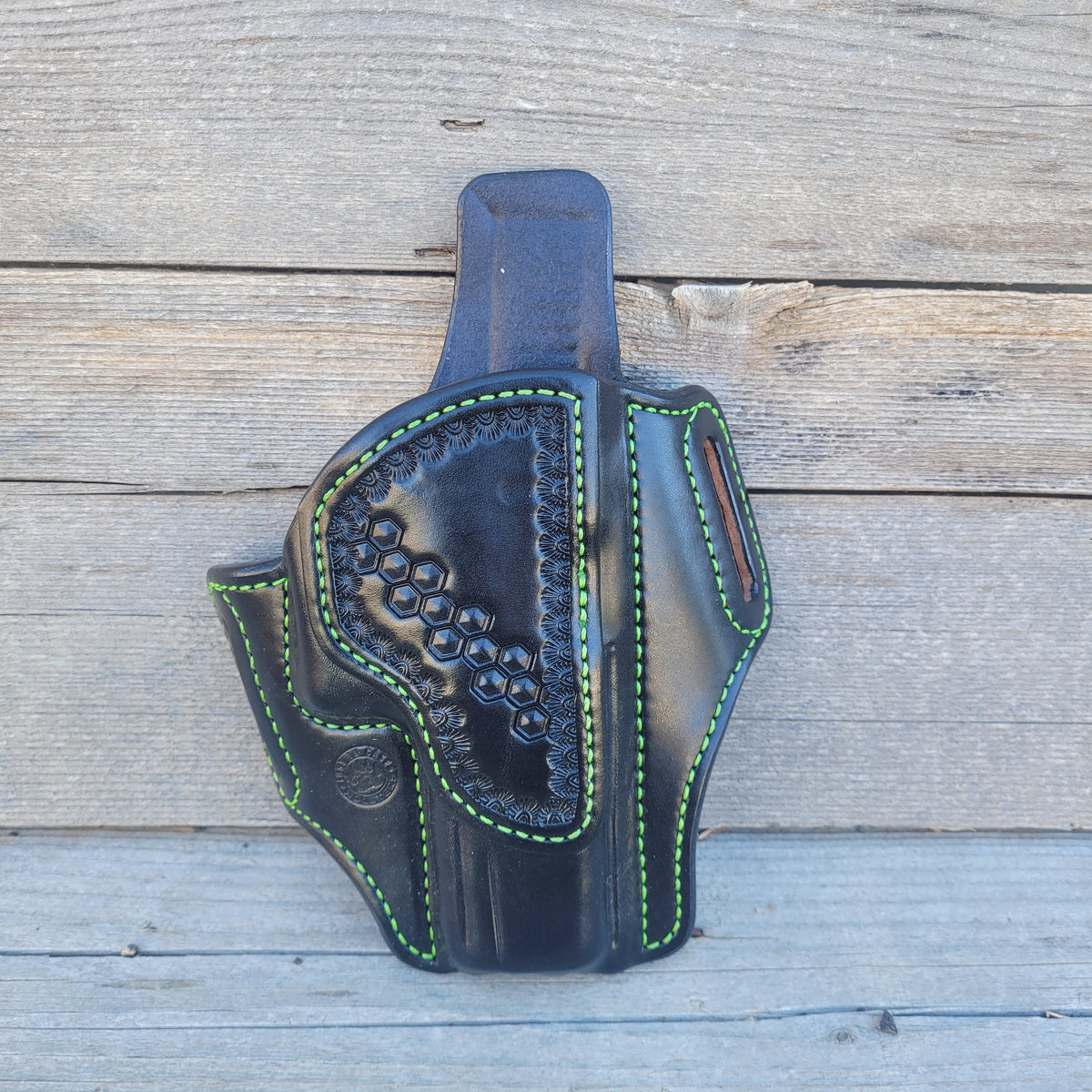 Glock 17/22 CLassic Holster All Black, Zombie Green Stitching, Partial Hex Stamp