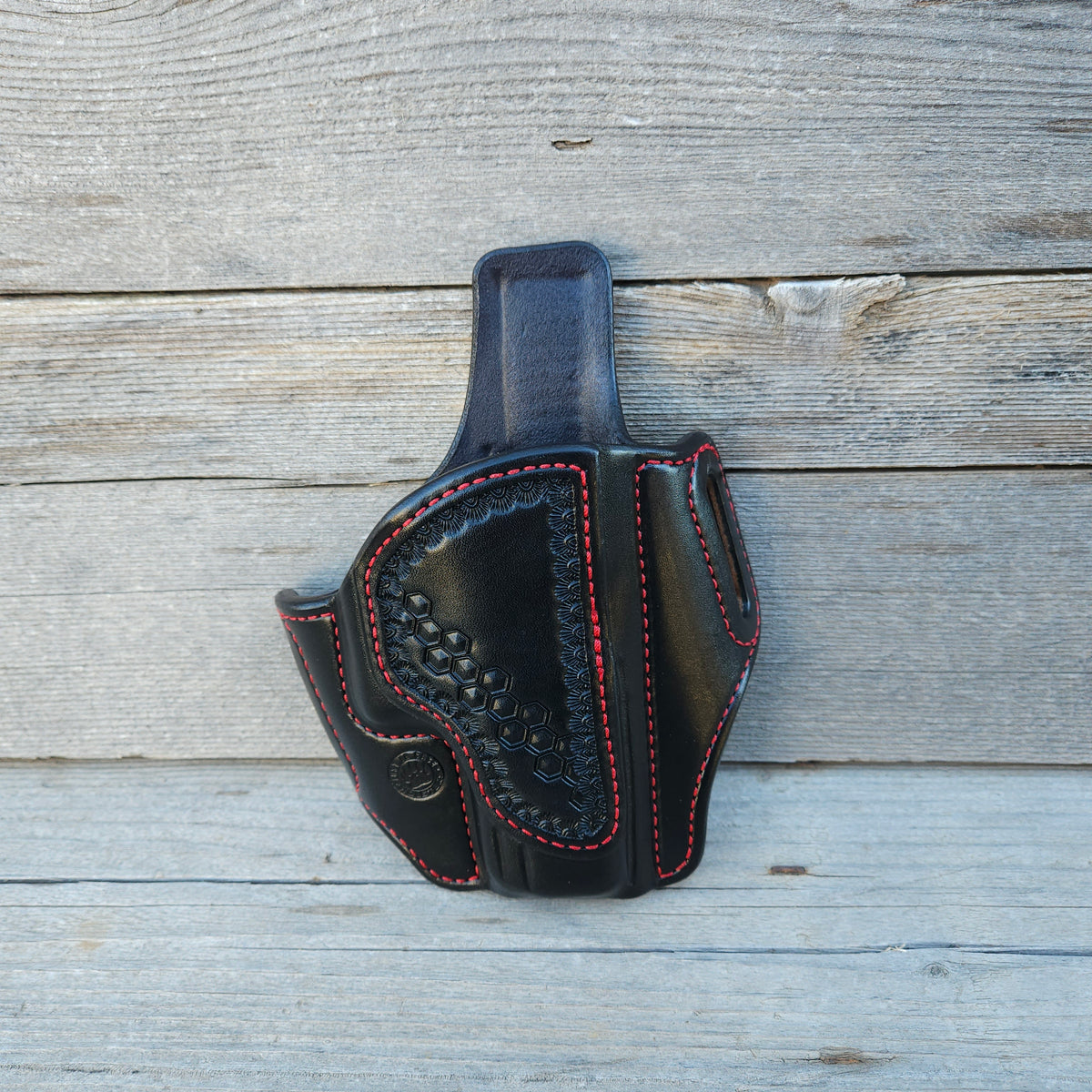 Glock 19/23 CLassic Holster All Black with Red Stitching and Partial Hex Stamp