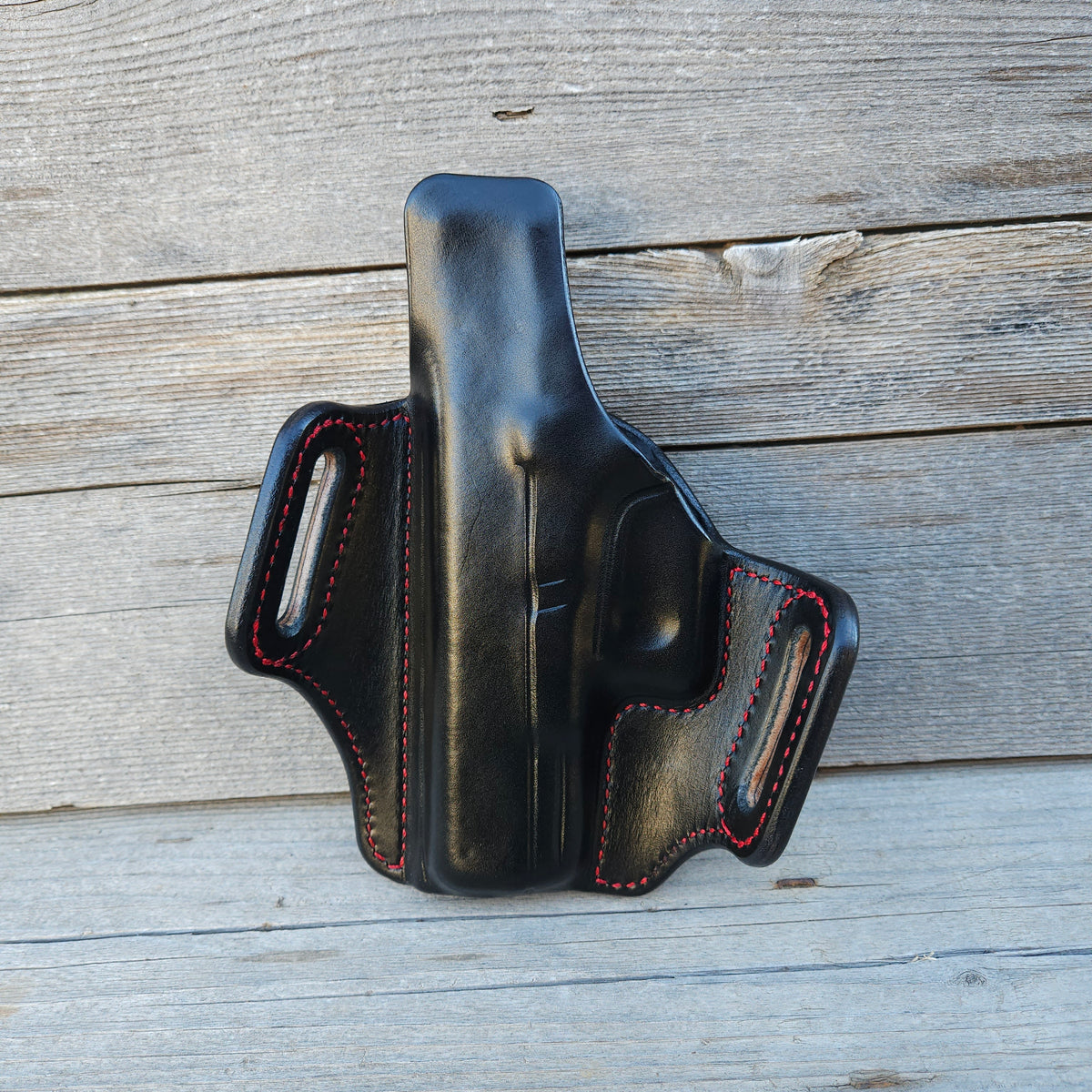 Glock 19/23 CLassic Holster All Black with Red Stitching and Partial Hex Stamp