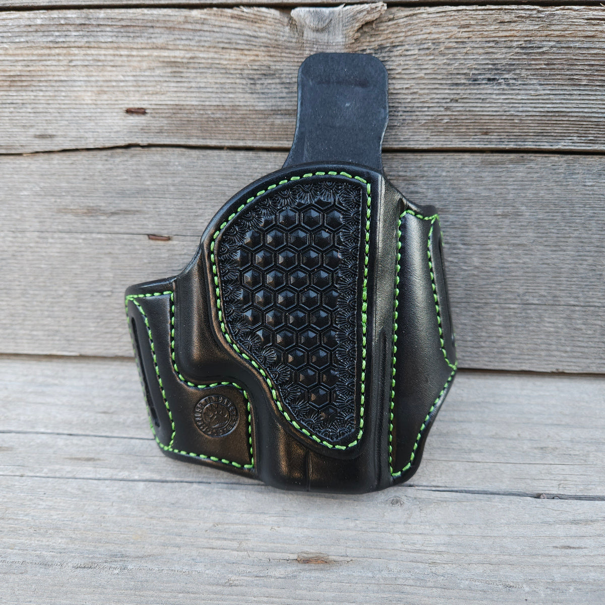 Glock 43/43X Classic Holster All Black, Zombie Green Stitching, Hex Stamp