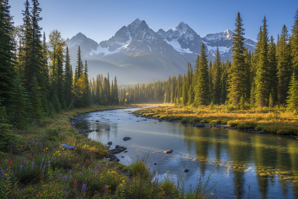 Snow capped Mountains, River, Trees, Fresh air
